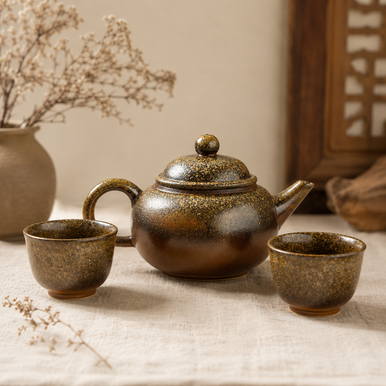 Handcrafted Ceramic Tea Set with Bamboo Handle