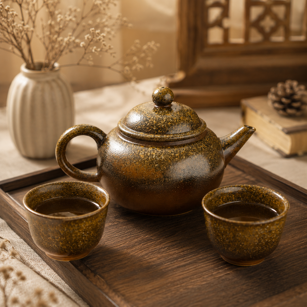 Handcrafted Ceramic Tea Set with Bamboo Handle